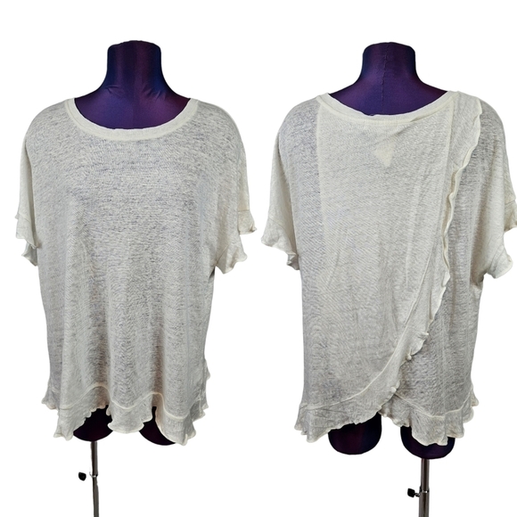 NWT Anthropologie Eri + Ali Cream Linen Split Back Ruffle Top Size Large - Picture 1 of 10